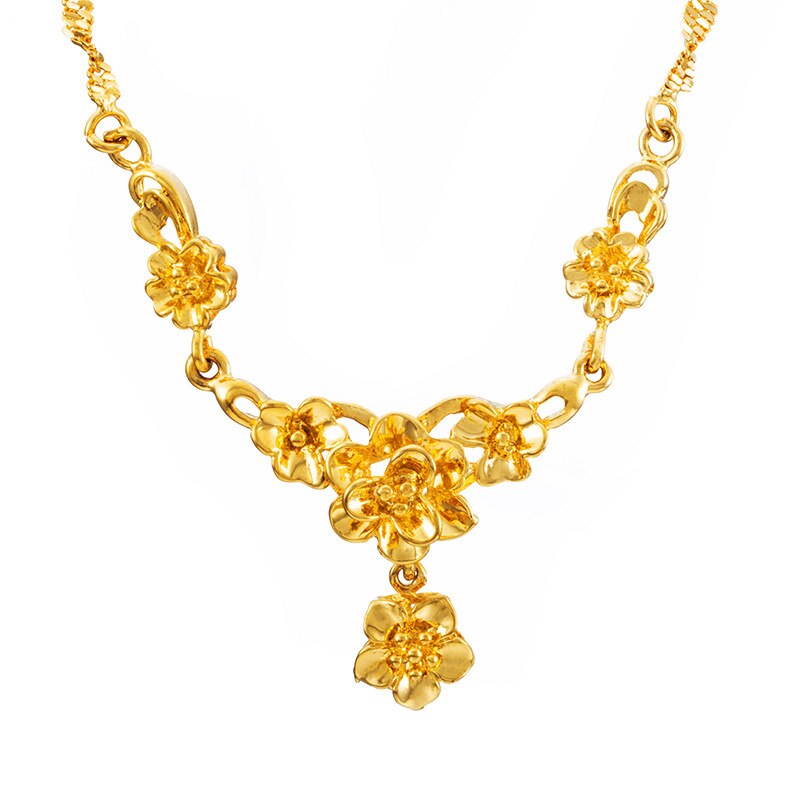 24K Gold Plated Women's Flower Necklace Sand Gold Bride Wedding Chain Retro one-piece Brass Gold-plated Female Clavicle Chain