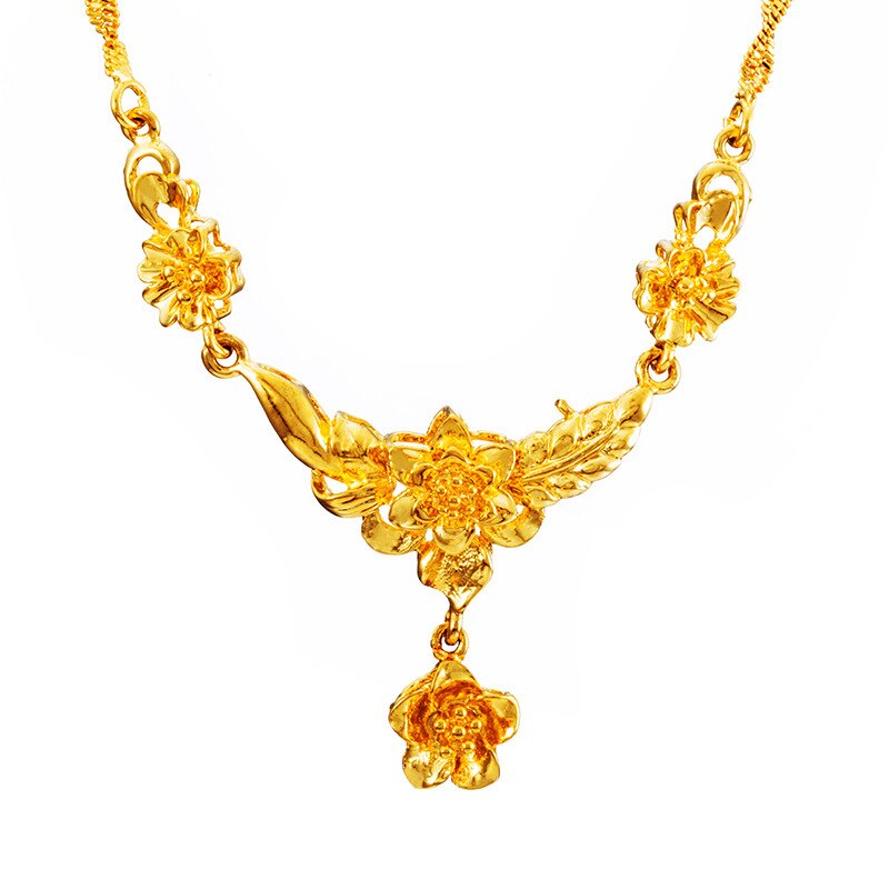 24K Gold Plated Women's Flower Necklace Sand Gold Bride Wedding Chain Retro one-piece Brass Gold-plated Female Clavicle Chain