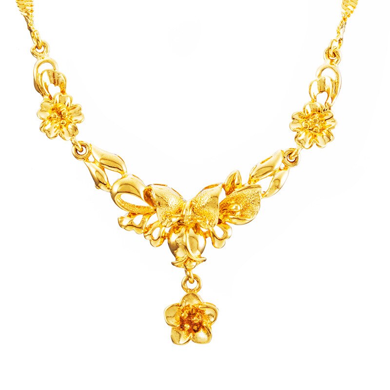 24K Gold Plated Women's Flower Necklace Sand Gold Bride Wedding Chain Retro one-piece Brass Gold-plated Female Clavicle Chain
