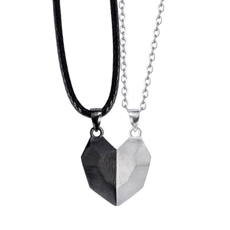2Pcs Lovers Matching Friendship Heart Pendant Couple Magnetic Distance Faceted Heart Pendant Necklace Couple Jewelry