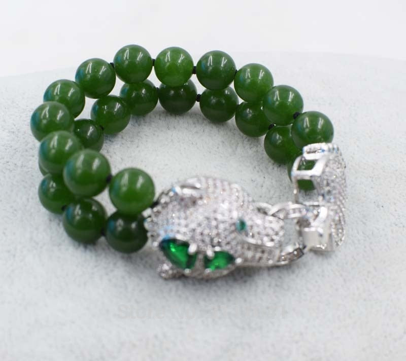 2rows green jade round 10mm 12mm +leopard clasp bracelet 7.5inch beads