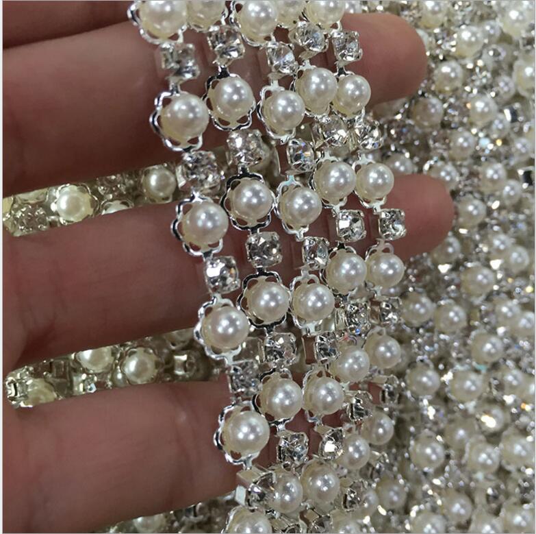 2yds Silver Metal Base Rhinestone Crystal Cup Chain with Pearls Bead Crystal Chain for Clothes Bags Diy Wedding Dress Decoration