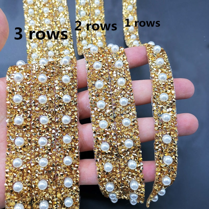 40CM Bling Crystal Ribbon Wrap Trim Rhinestone Cup Chain Pearl Crystal Chain DIY Wedding Cake Party Decoration