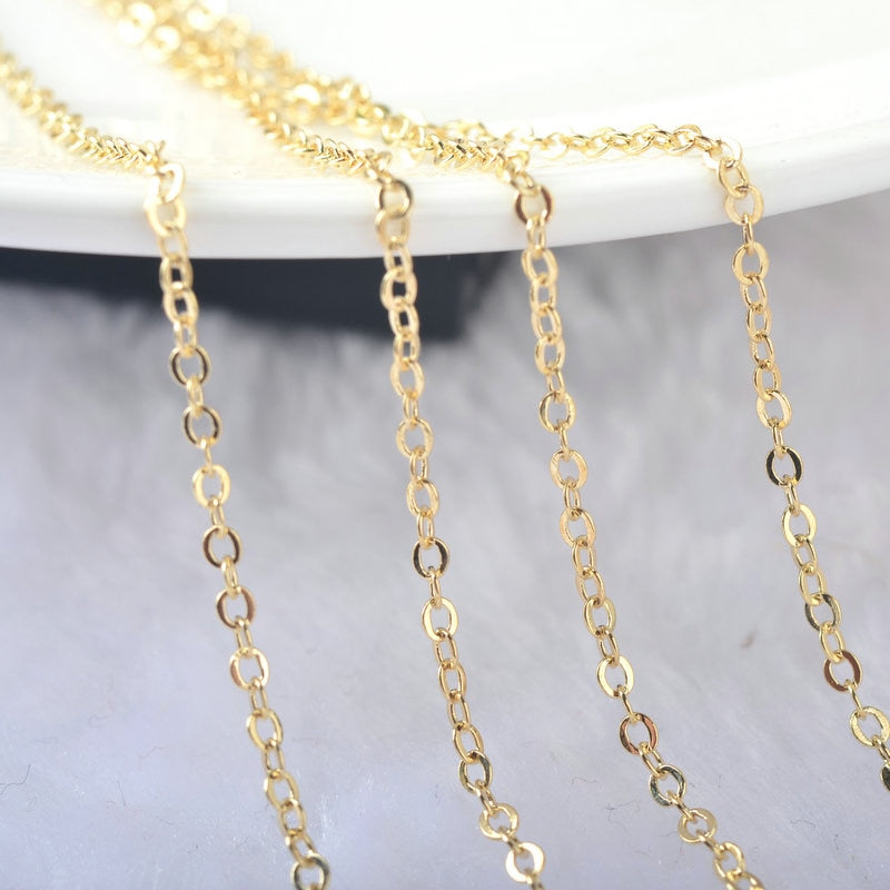 (4295)2Meter width:1.5MM 2MM 24K Champagne Gold Color Brass Flat Oval Chains Necklace Chains  Jewelry Accessories