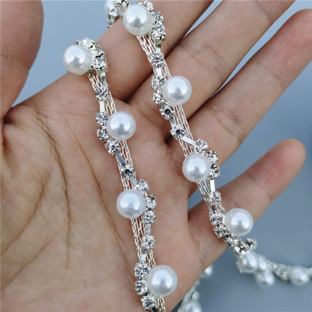 45cm/Lot Pearl Crystal Chain Manual Rhinestones Trim Ribbon Metal Chain Decoration Collar Wedding Dress Clothing Bag Accessories