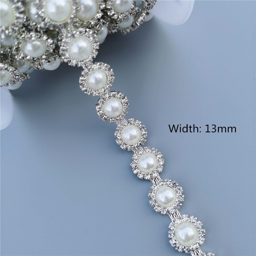 45cm/Lot Pearl Crystal Chain Manual Rhinestones Trim Ribbon Metal Chain Decoration Collar Wedding Dress Clothing Bag Accessories