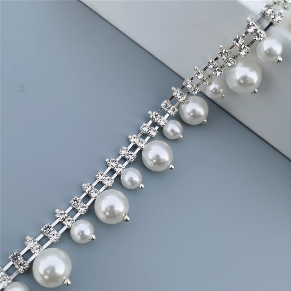 45cm/Lot Pearl Crystal Chain Manual Rhinestones Trim Ribbon Metal Chain Decoration Collar Wedding Dress Clothing Bag Accessories