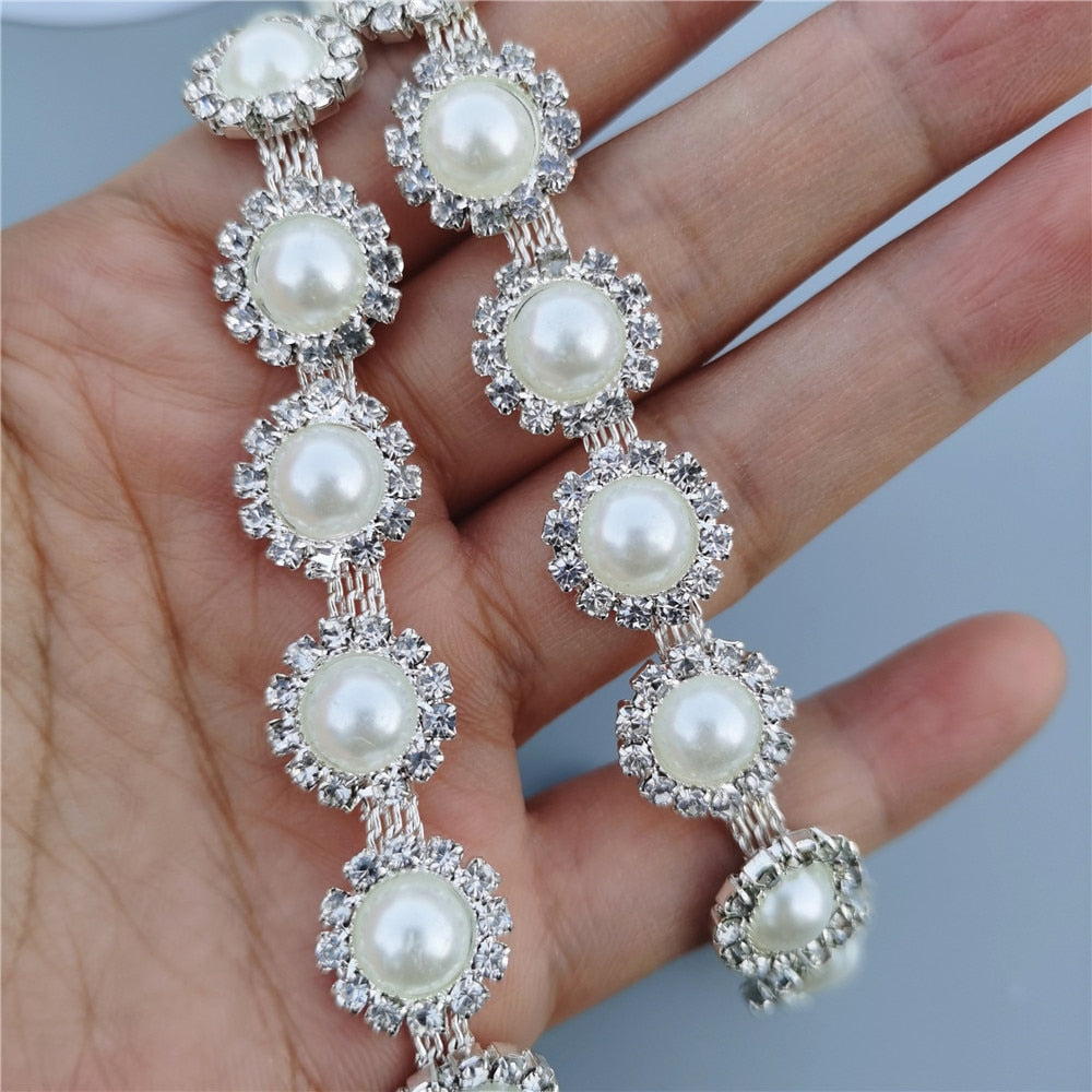 45cm/Lot Pearl Crystal Chain Manual Rhinestones Trim Ribbon Metal Chain Decoration Collar Wedding Dress Clothing Bag Accessories