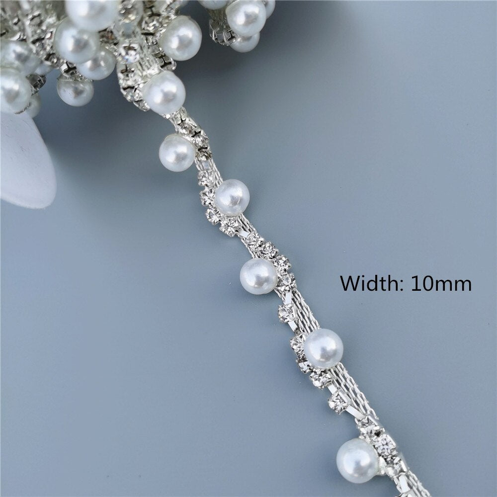 45cm/Lot Pearl Crystal Chain Manual Rhinestones Trim Ribbon Metal Chain Decoration Collar Wedding Dress Clothing Bag Accessories