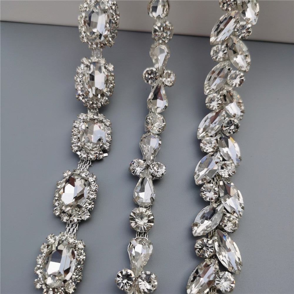 45cm/Lot Silver Glass Crystal Chain Bling Rhinestone Trim Metal Ribbon Necklace Decoration Wedding Dress Clothing Accessories