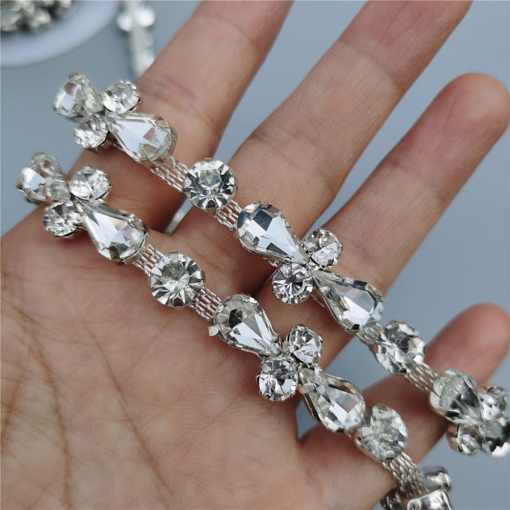 45cm/Lot Silver Glass Crystal Chain Bling Rhinestone Trim Metal Ribbon Necklace Decoration Wedding Dress Clothing Accessories