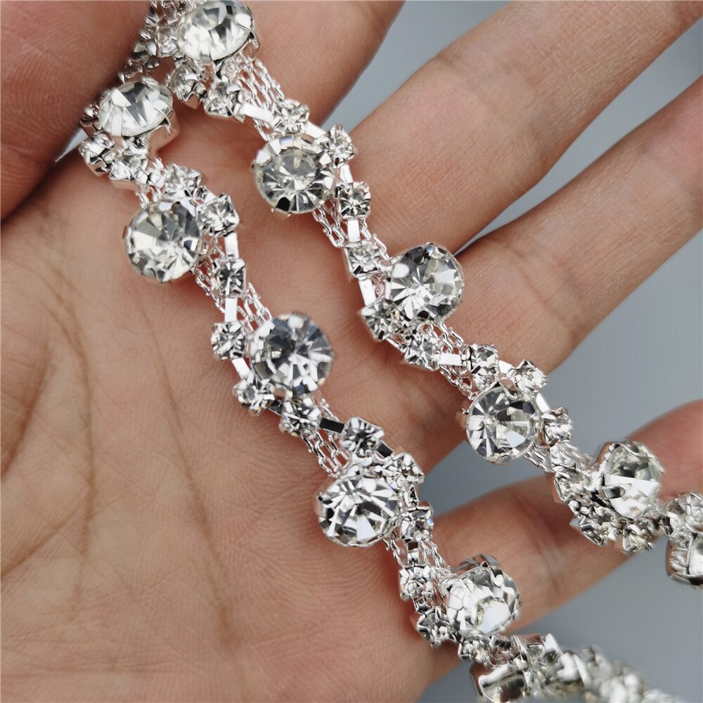 45cm/Lot Silver Glass Crystal Chain Bling Rhinestone Trim Metal Ribbon Necklace Decoration Wedding Dress Clothing Accessories