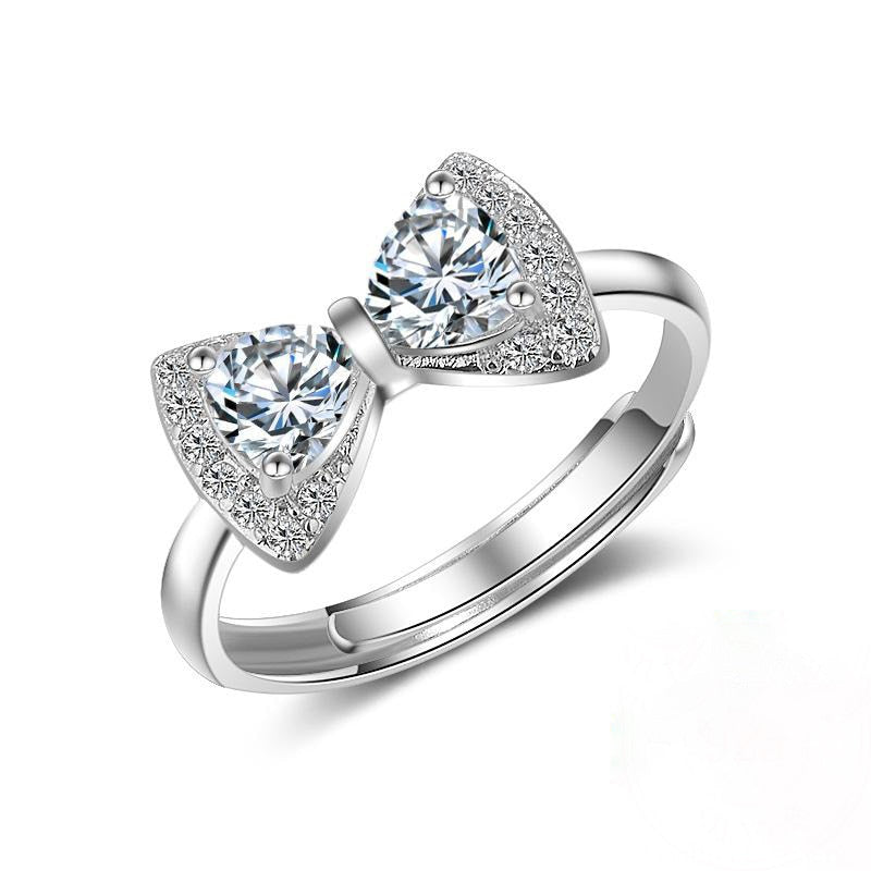 925 Stamp Silver Color Bowknot Zircon Adjustable Open Finger Rings For Women Girls Wedding Dorpshipping Anelli Party Jewelry