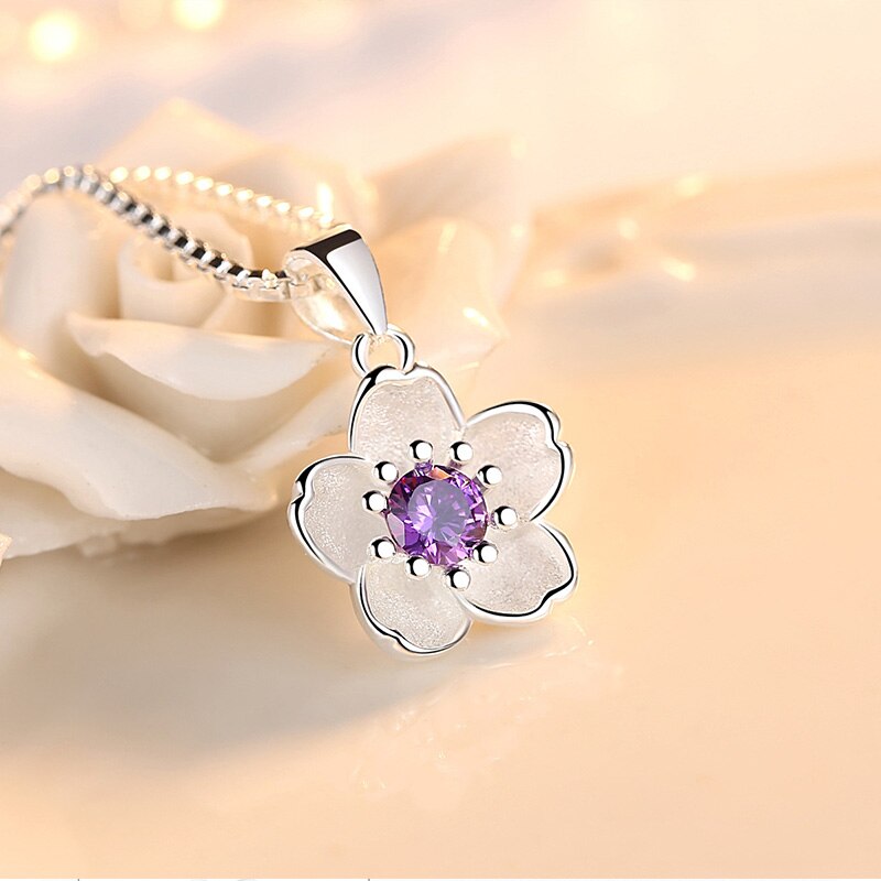 925 Stamp Silver Color Chains And Necklaces For Women Neck Jewelry Charm Pink Purple Peach Blossom Pendant Wedding Birthday