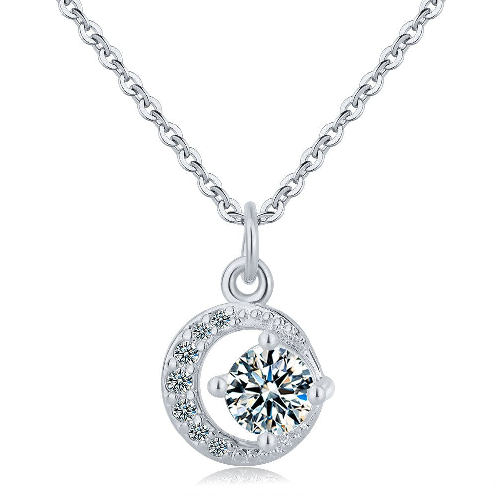 925 Stamp Silver Color Star Moon Pendant Zircon Crystals Necklace For Women Engagement Wedding Party  Quality Jewelry