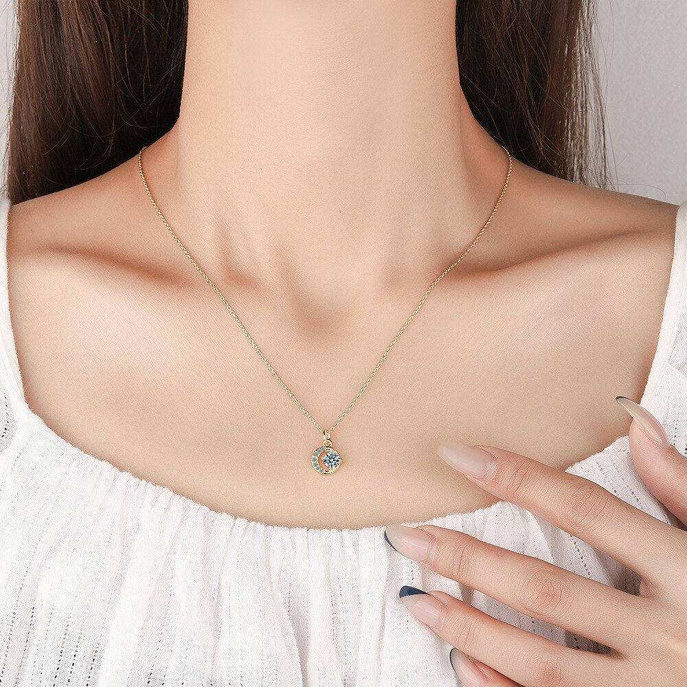 925 Stamp Silver Color Star Moon Pendant Zircon Crystals Necklace For Women Engagement Wedding Party  Quality Jewelry