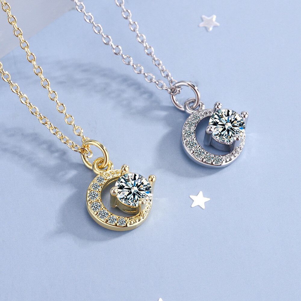 925 Stamp Silver Color Star Moon Pendant Zircon Crystals Necklace For Women Engagement Wedding Party  Quality Jewelry