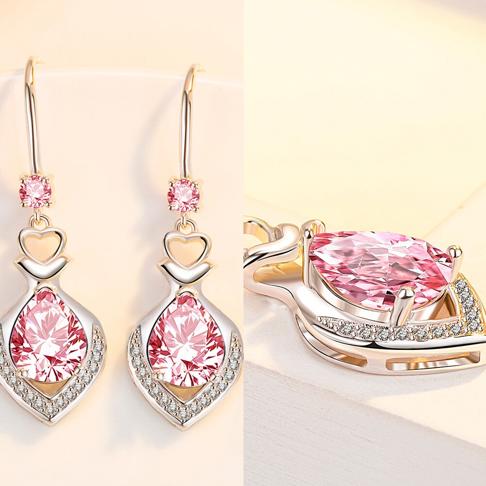 925 Stamp Silver Color Water Drop Zircon Pendant Necklace Earrings Jewelry Sets For Women Wedding Bridal  Juwellery Set