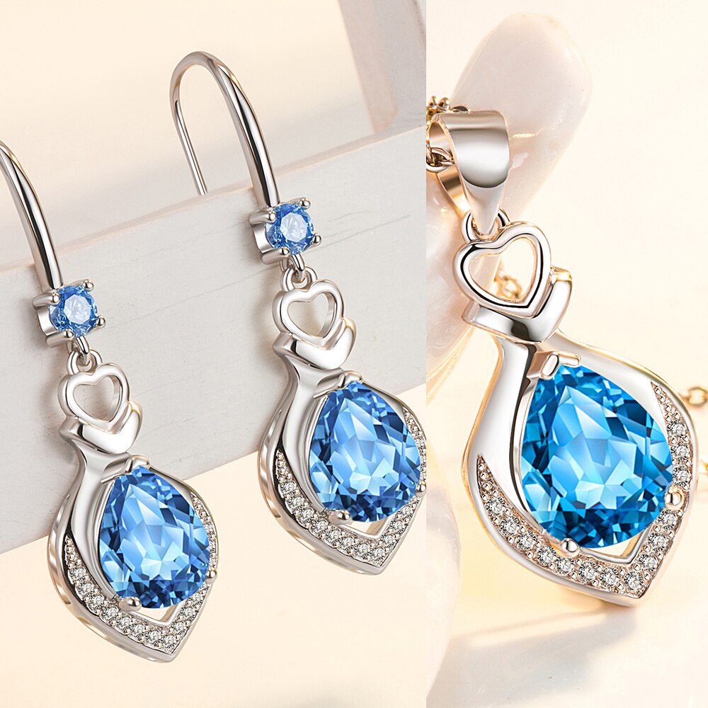 925 Stamp Silver Color Water Drop Zircon Pendant Necklace Earrings Jewelry Sets For Women Wedding Bridal  Juwellery Set
