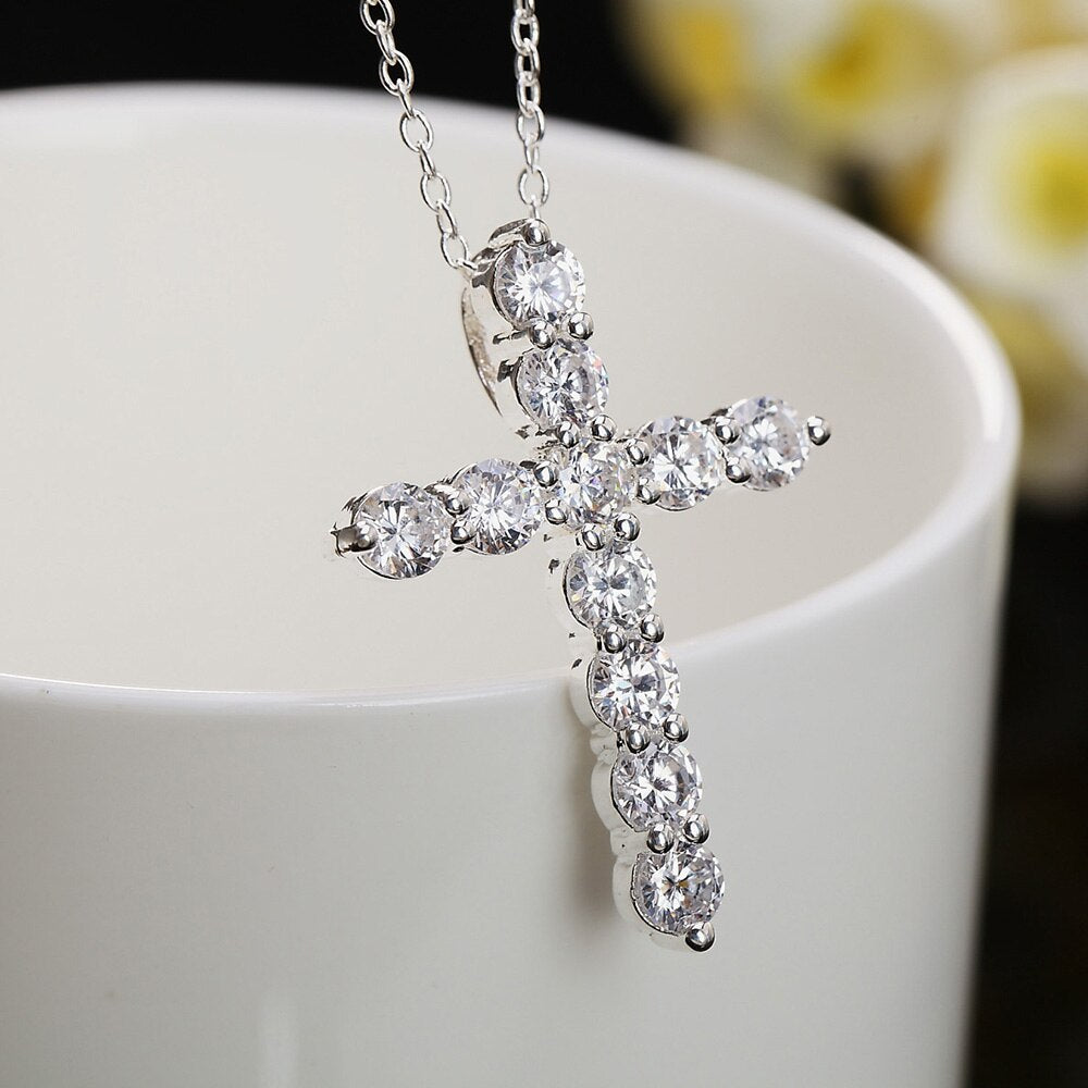 925 Stamped Silver  crystal cross Pendant Necklace For Women wedding party Jewelry fine Pretty Holiday gifts