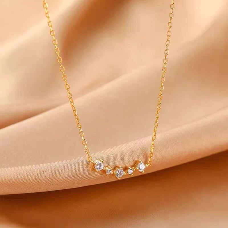 925 Sterling Silver Simple Pavé Crystal Sparkling Smile Clavicle Chain Necklace Women Light  Wedding Jewelry Accessories
