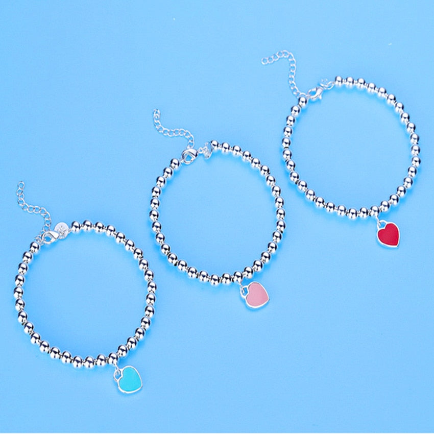 925 Sterling Silver beads chain Heart pendant Bracelets for Women Street all-match designer Jewelry party wedding gifts