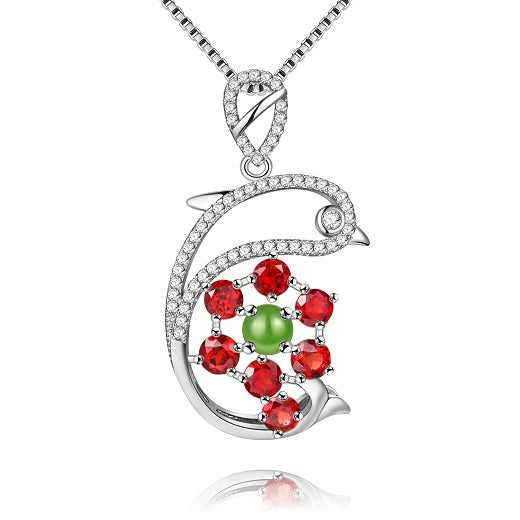 1.4ct Red Garnet 925 Sterling Silver Dolphin Pendant Chain for Women Gift Lovely Cute Animal Charm Jewelry with Box CN043