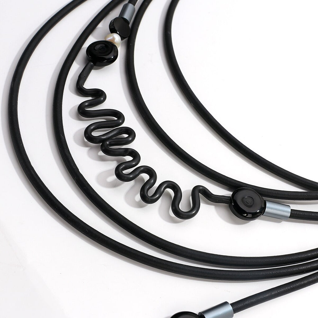 Amorcome Hyperbole Rubber Long Necklaces for Women Punk Black Beads Leather Chains Pendant Necklace Gothic Clothes Accessories