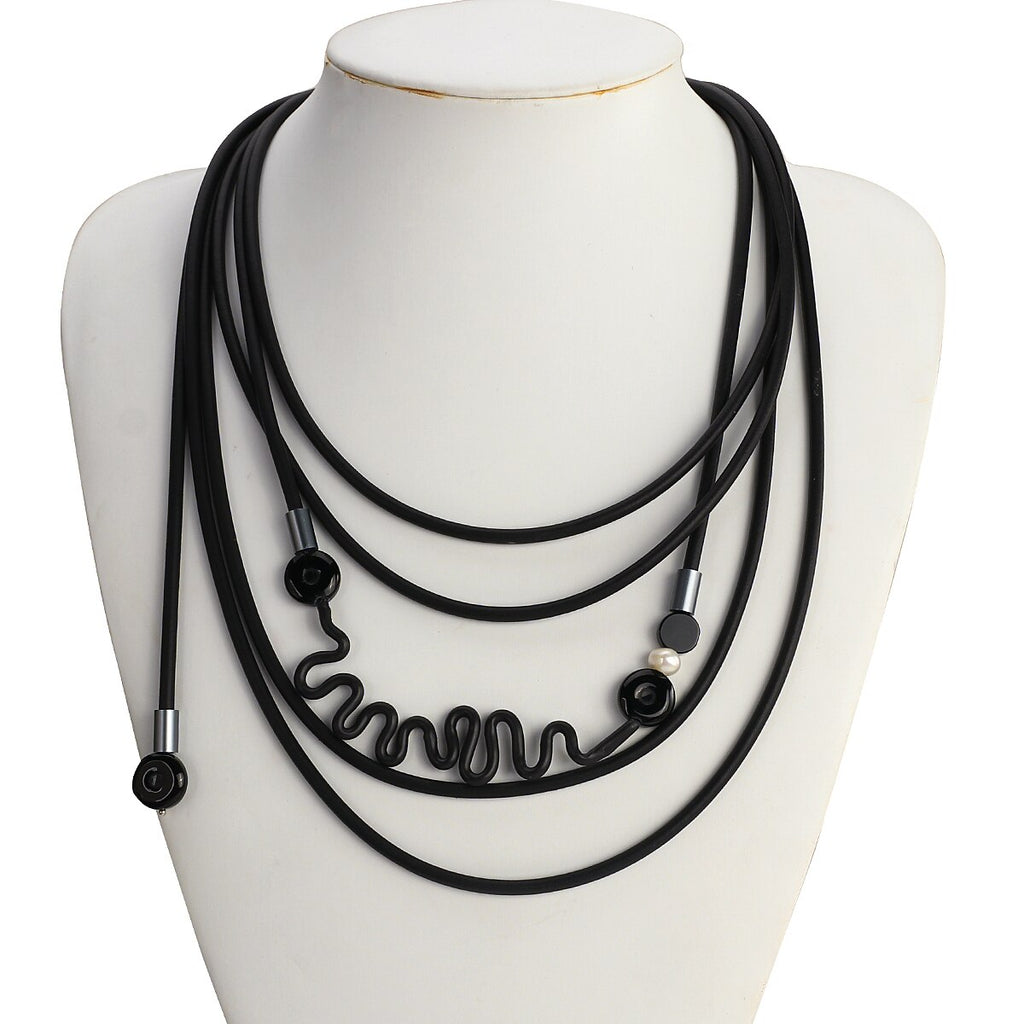 Amorcome Hyperbole Rubber Long Necklaces for Women Punk Black Beads Leather Chains Pendant Necklace Gothic Clothes Accessories