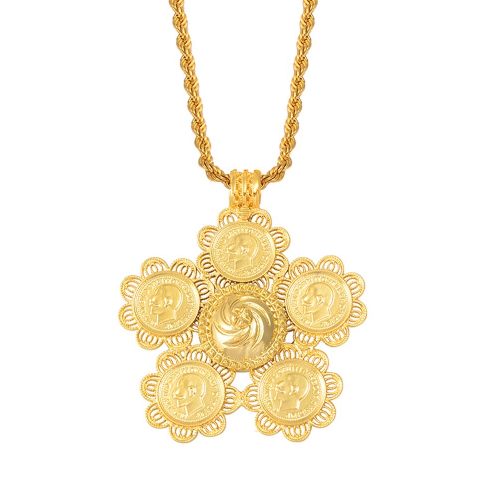 Anniyo Ethiopia Coins Jewelry Arab Pendant Necklaces Women Ethiopian Wedding Eritrea African Gold Color Coin Jewellery #014116