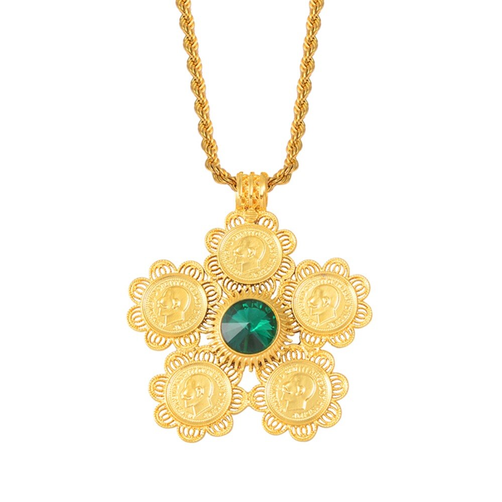 Anniyo Ethiopia Coins Jewelry Arab Pendant Necklaces Women Ethiopian Wedding Eritrea African Gold Color Coin Jewellery #014116