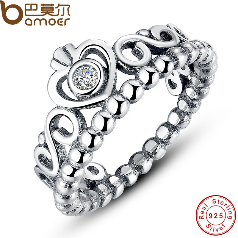 925 Sterling Silver My Princess Queen Crown Engagement Ring with Clear CZ Authentic Sterling-Silver-Jewelry PA7110