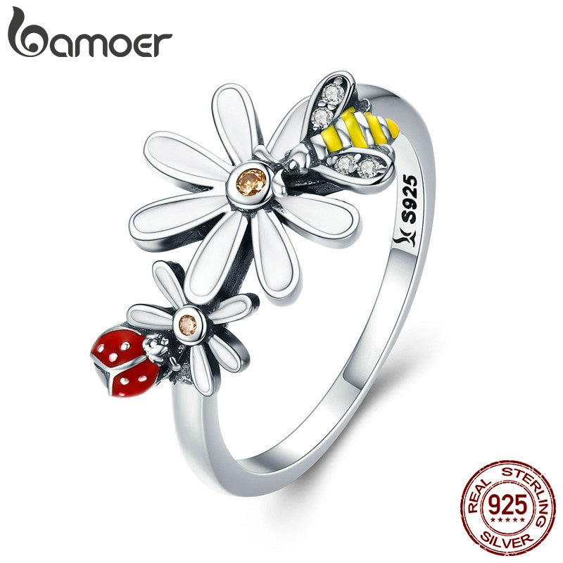 Genuine 100% 925 Sterling Silver Bee and Ladybug in Flower Garden Finger Rings for Women Sterling Silver Jewelry SCR311