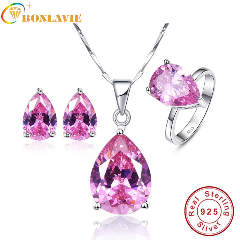 1 Set 925 Sterling Silver Jewelry Set Water Drop Pink Topaz Earring Necklace Valentine's D Mystic Bridal Jewelry