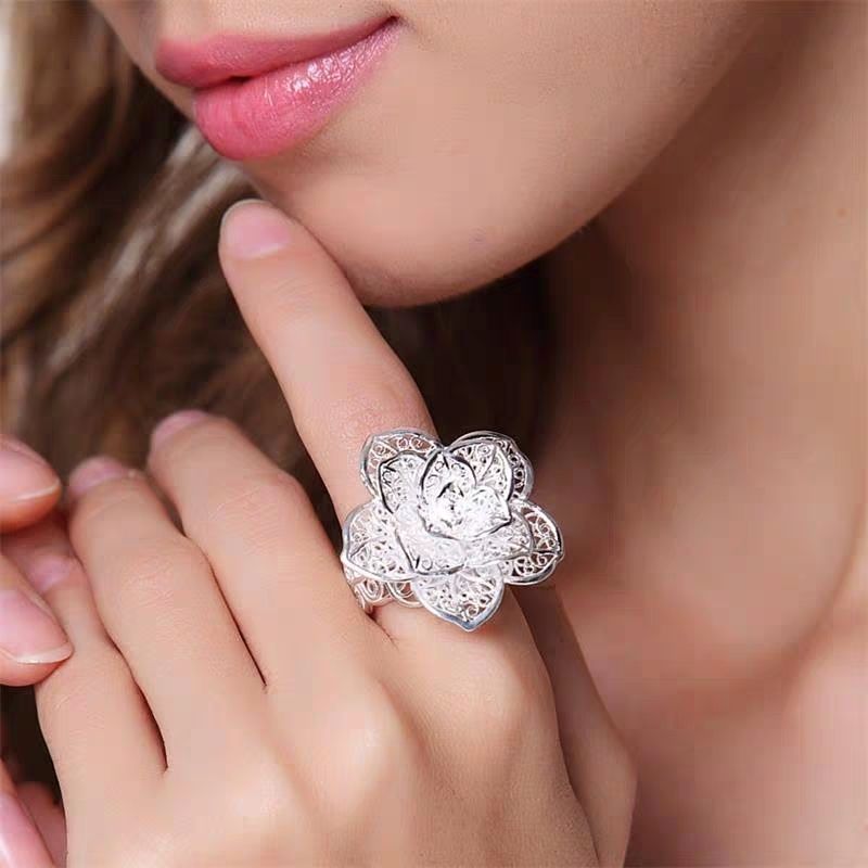 Beautiful 925 Sterling Silver charm flower Pendant necklace rings Jewelry set for women Party wedding accessories gifts