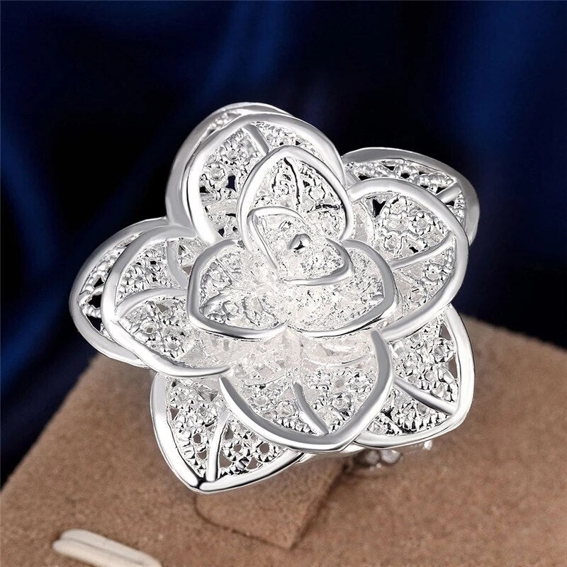 Beautiful 925 Sterling Silver charm flower Pendant necklace rings Jewelry set for women Party wedding accessories gifts