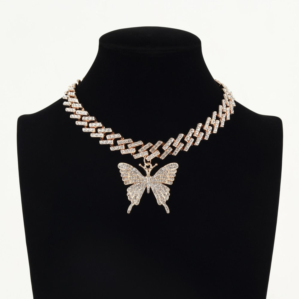 Big Butterfly Necklace Pendent Cuban Link Chain For Women Rhinestone Choker Jewelry  Accessories