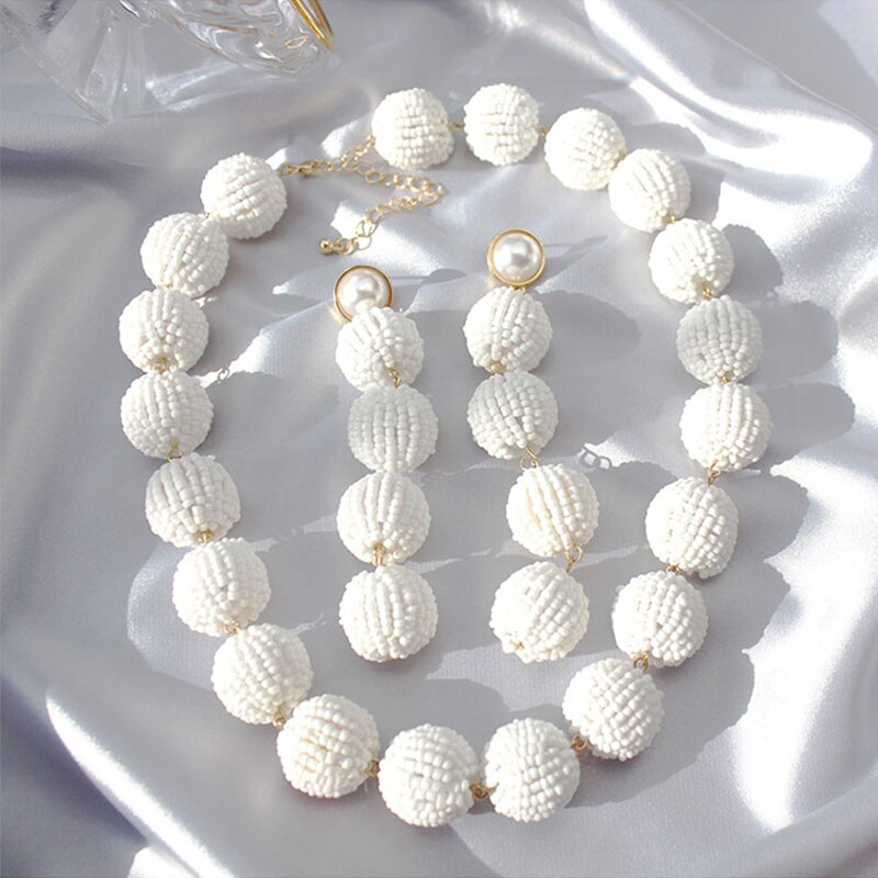 Big White Seed Beads Ball Short Choker Collar Necklace with Pearls Brincos Jewelry Necklace for Women Bridal Wedding Party Gift