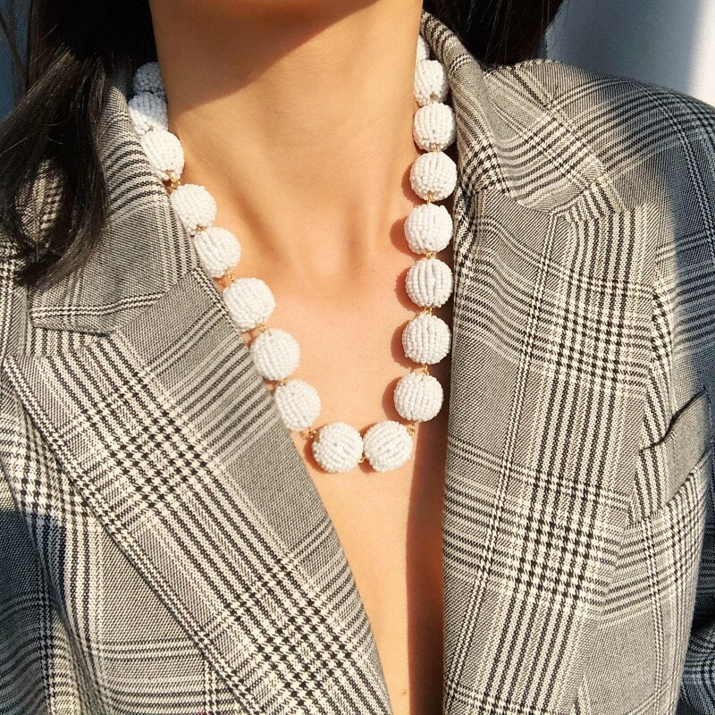 Big White Seed Beads Ball Short Choker Collar Necklace with Pearls Brincos Jewelry Necklace for Women Bridal Wedding Party Gift