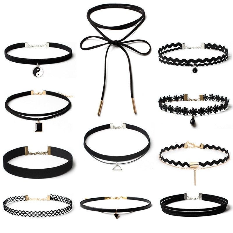 Black Punk Gothic Chokers Necklaces for women Flower Velvet Lace Chokers Lady Geometric Collar Necklaces Pendant Jewelry