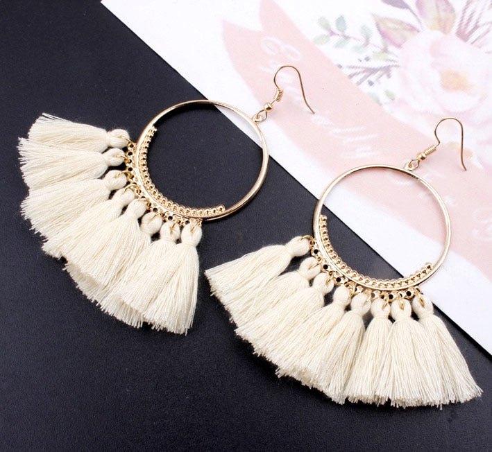 Bohemian Handmade Statement Tassel Earrings for Women Vintage Round Long Drop Earrings Wedding Party Bridal Fringed Jewelry Gift