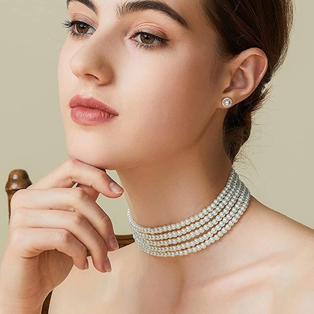 Bohemian Imitation Pearls 1-5 Multi-layer Wedding Collar Necklace for Women Elegant Pearl Clavicle Chain Choker Necklace Jewelry
