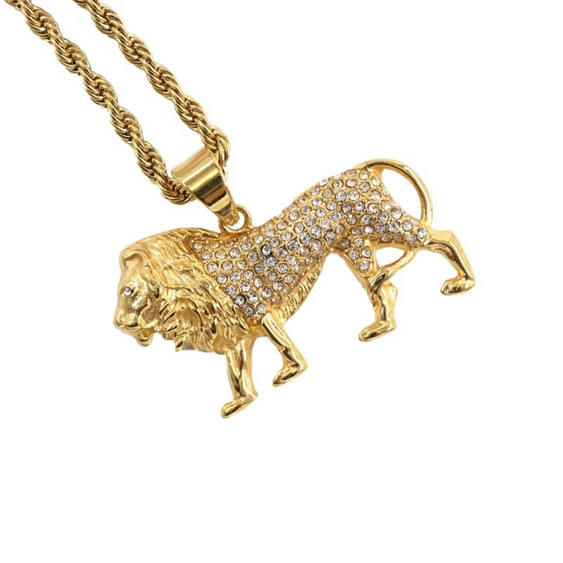 Bohemian Rhinestone Alloy Lion Necklace Pendant for Men Retro Hip Hop Rock Animal Necklace Men's Party Wedding Jewelry Accessori