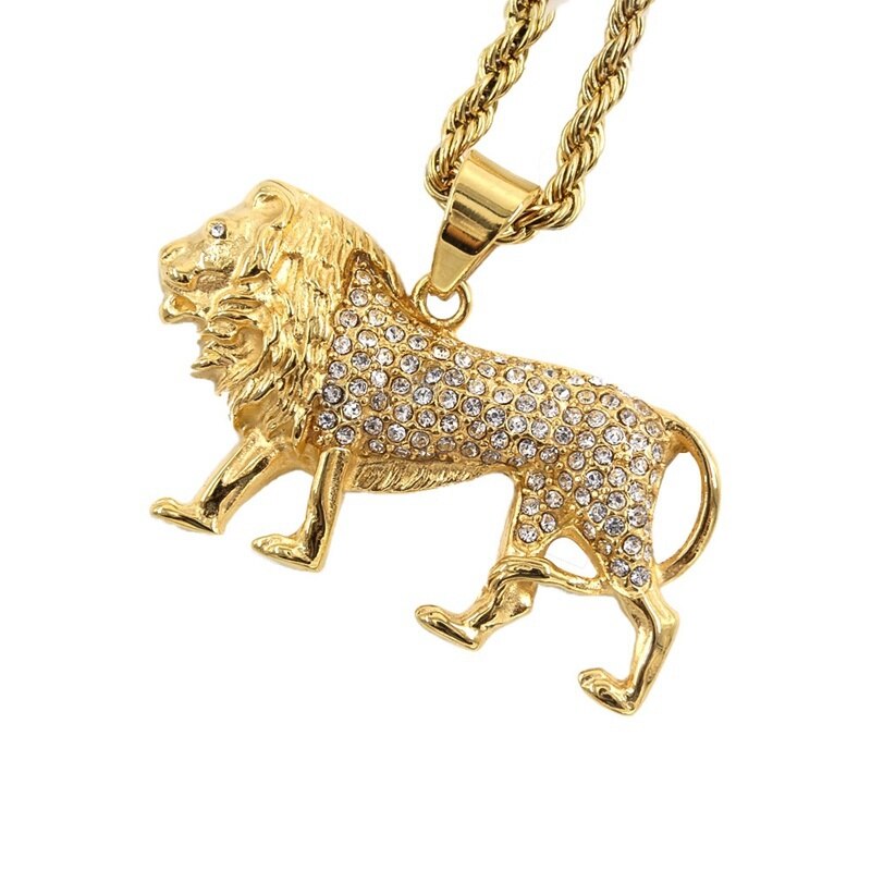 Bohemian Rhinestone Alloy Lion Necklace Pendant for Men Retro Hip Hop Rock Animal Necklace Men's Party Wedding Jewelry Accessori