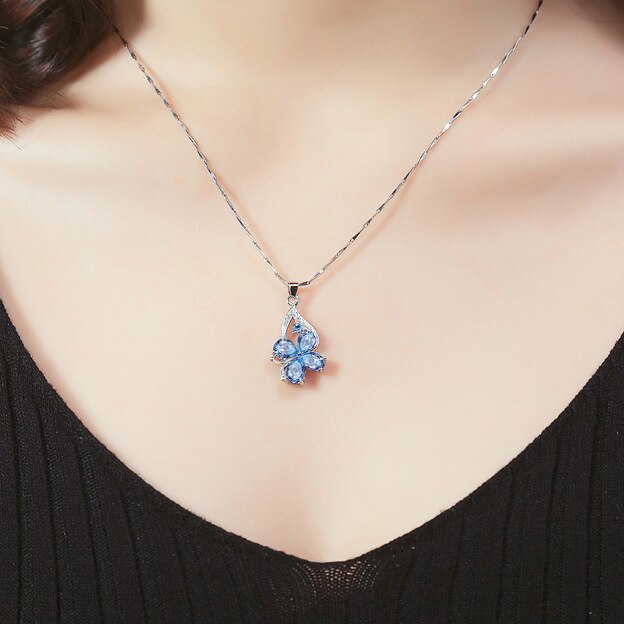 Butterfly Modelling CZ Blue Crystal Pendant Women Water Drop Shaped AAA Zircon Clavicle Chain for Women Wedding Jewelry
