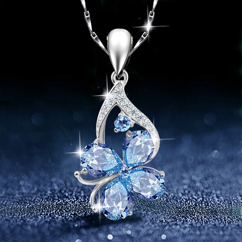 Butterfly Modelling CZ Blue Crystal Pendant Women Water Drop Shaped AAA Zircon Clavicle Chain for Women Wedding Jewelry