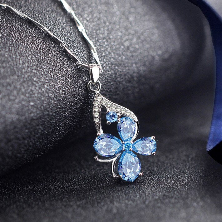 Butterfly Modelling CZ Blue Crystal Pendant Women Water Drop Shaped AAA Zircon Clavicle Chain for Women Wedding Jewelry