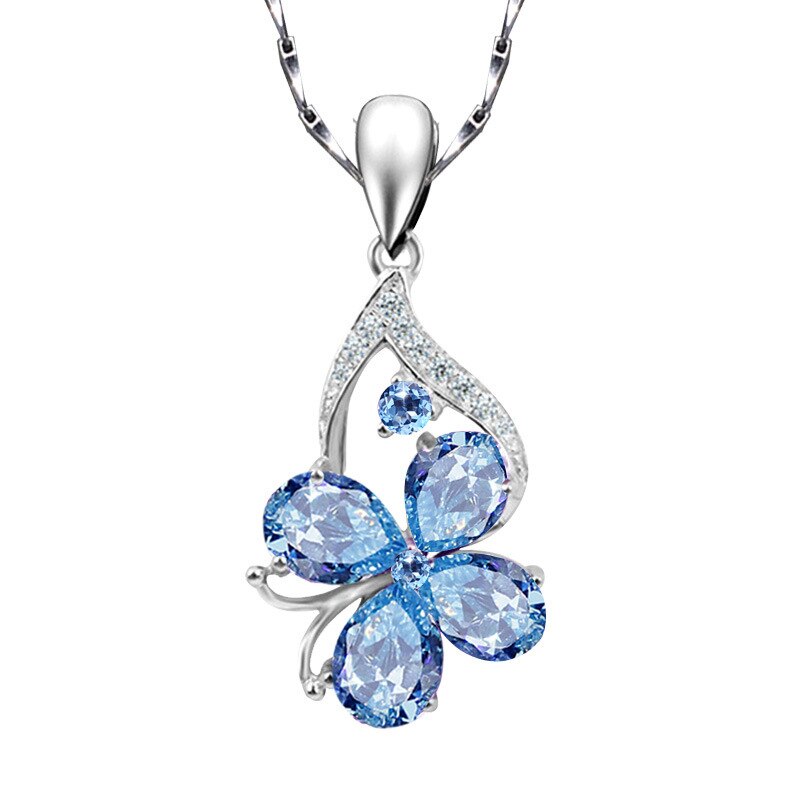 Butterfly Modelling CZ Blue Crystal Pendant Women Water Drop Shaped AAA Zircon Clavicle Chain for Women Wedding Jewelry