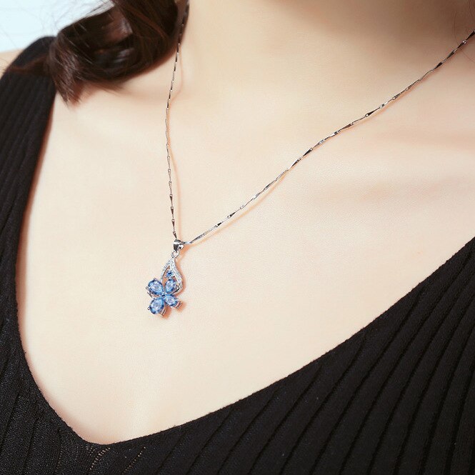 Butterfly Modelling CZ Blue Crystal Pendant Women Water Drop Shaped AAA Zircon Clavicle Chain for Women Wedding Jewelry