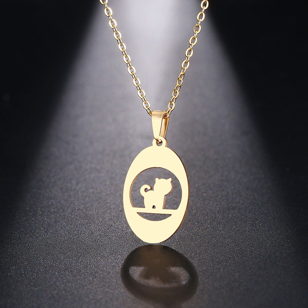 CACANA Stainless Steel Necklace For Women Man Thinking Cat Pendant Choker Necklace Engagement Jewelry